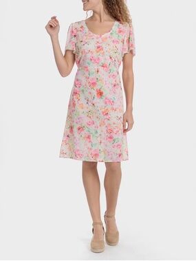 Coldwater Creek Women Pink Floral Scoop-Neck Midi Dress Size 6